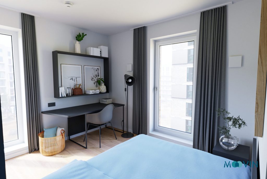 Studentenapartment mit Bett, Schreibtisch und Regal – Hamburg – RBO. Quartiersentwicklung