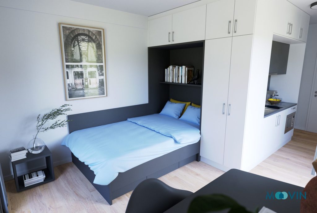 Studentenapartment mit Bett, Schreibtisch und Regal – Hamburg – RBO. Quartiersentwicklung