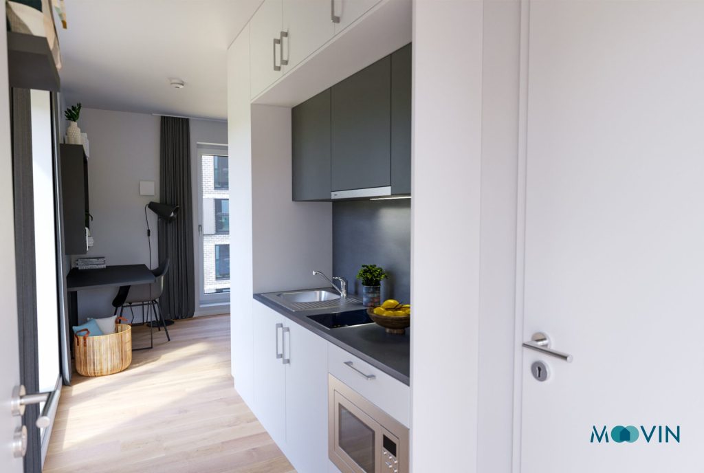Studentenapartment mit Küchenzeile und Schreibtisch – Hamburg – RBO. Quartiersentwicklung