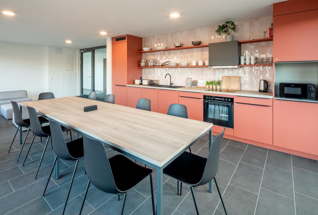 Gemeinschaftsküche mit langem Esstisch – Tübingen – Studentenapartments TÜ3