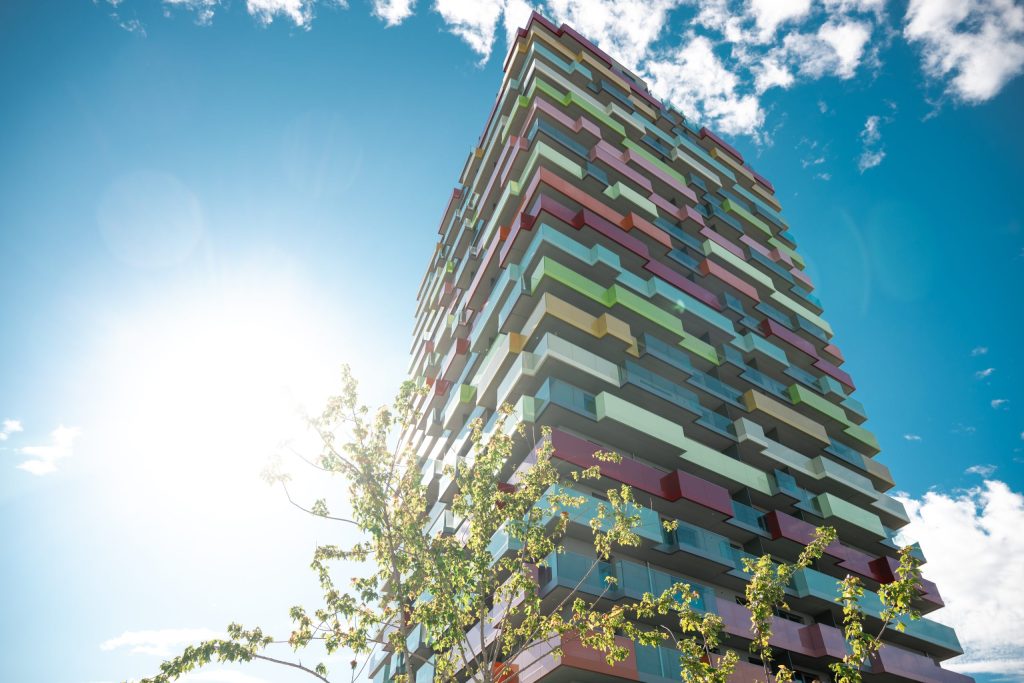 Building façade with colourful balconies – Vienna – Momento by Greystar